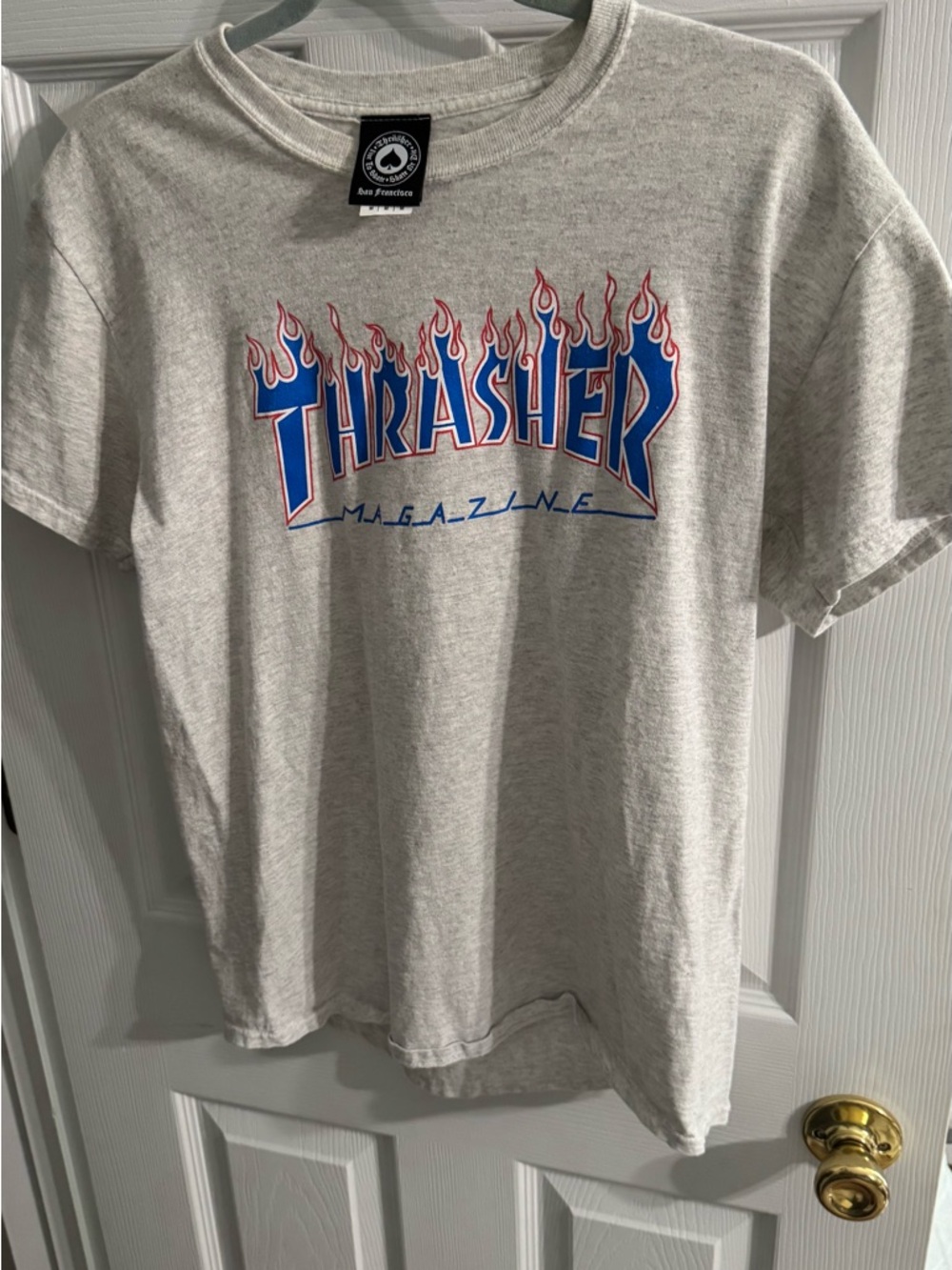 Thrasher Gray Tee with Blue Logo and Red Flame Outline